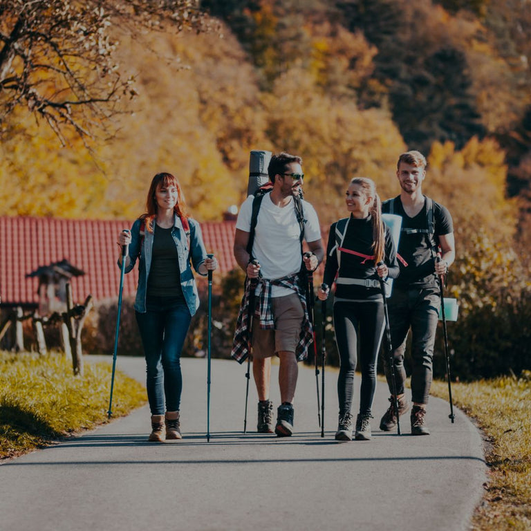 Four people hiking on a path with autumn foliage in the background